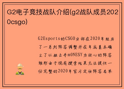 G2电子竞技战队介绍(g2战队成员2020csgo)