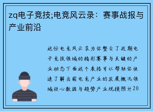 zq电子竞技;电竞风云录：赛事战报与产业前沿
